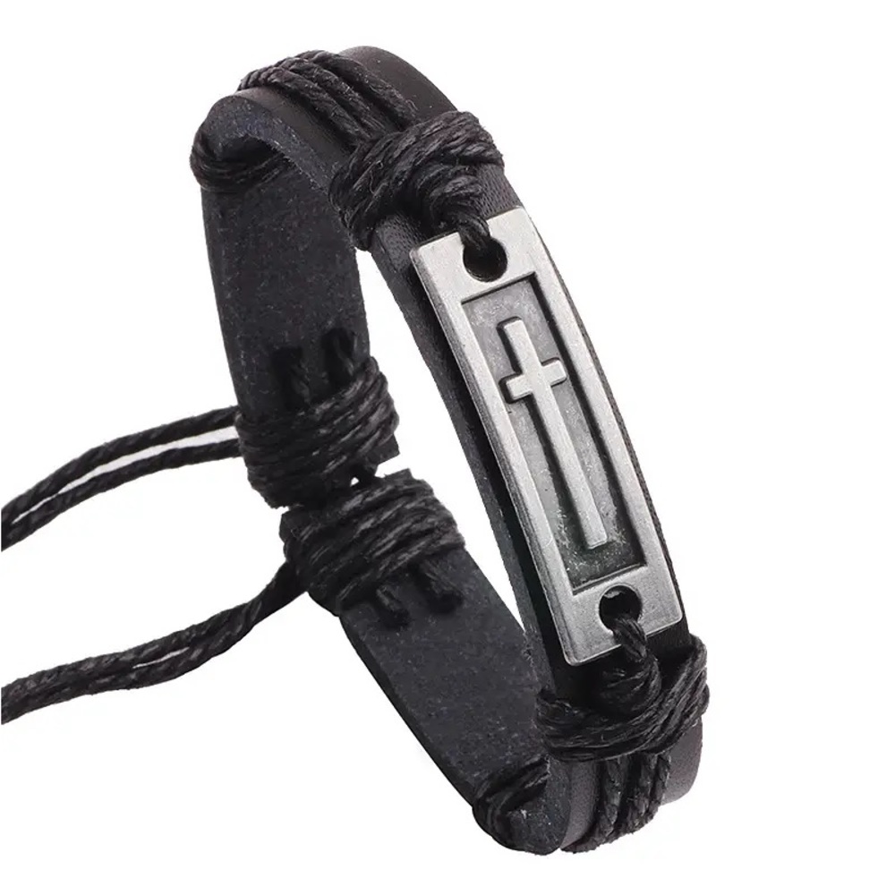 🕊Black Genuine Leather Silver Cross Adjustable Bracelet!